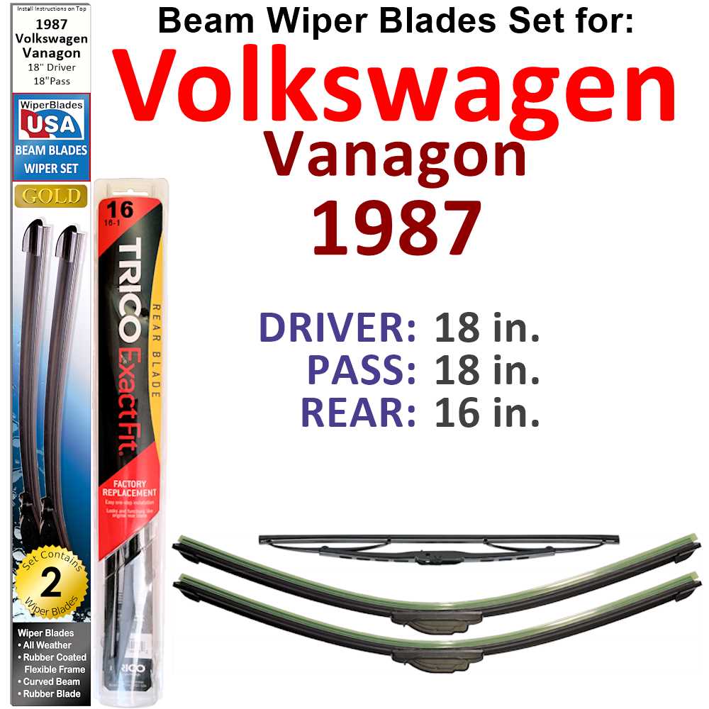 Set of 3 Beam Wiper Blades designed for 1987 Volkswagen Vanagon, showcasing their flexible and durable construction.