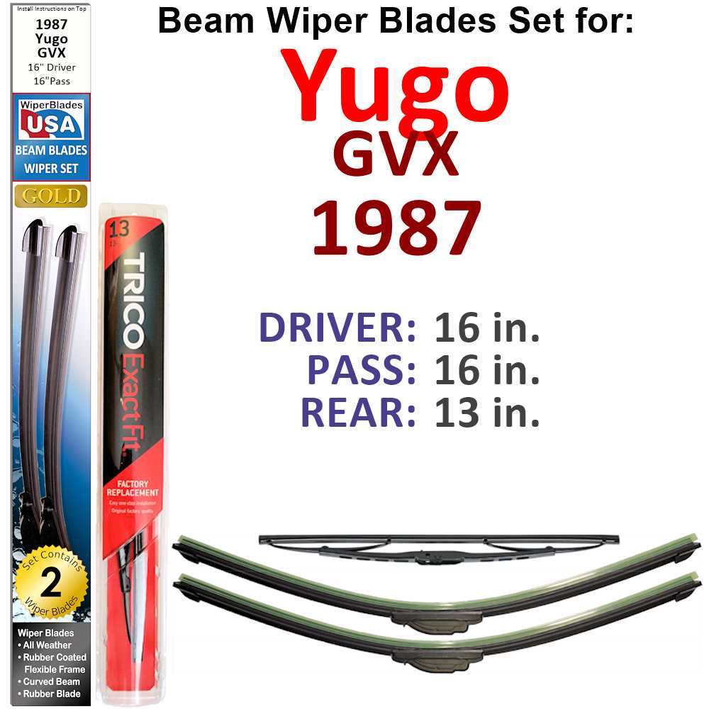 Set of 3 Beam Wiper Blades designed for 1987 Yugo GVX, showcasing their flexible and durable construction.