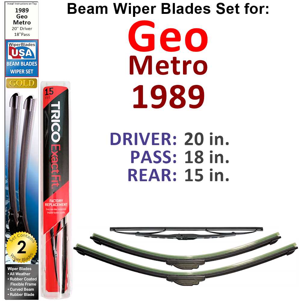 Set of 3 Beam Wiper Blades designed for 1989 Geo Metro, showcasing their flexible and durable construction.