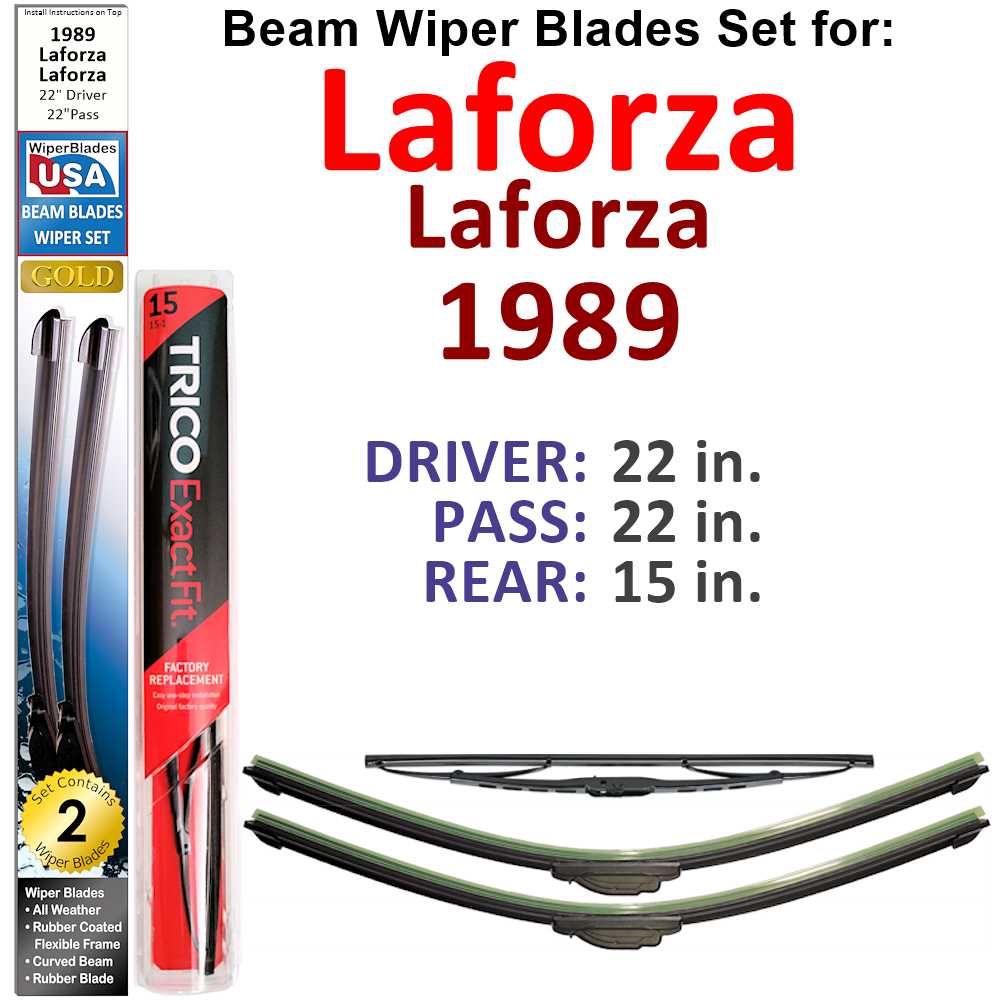 Set of 3 Beam Wiper Blades designed for 1989 Laforza Laforza, showcasing their flexible and durable construction.