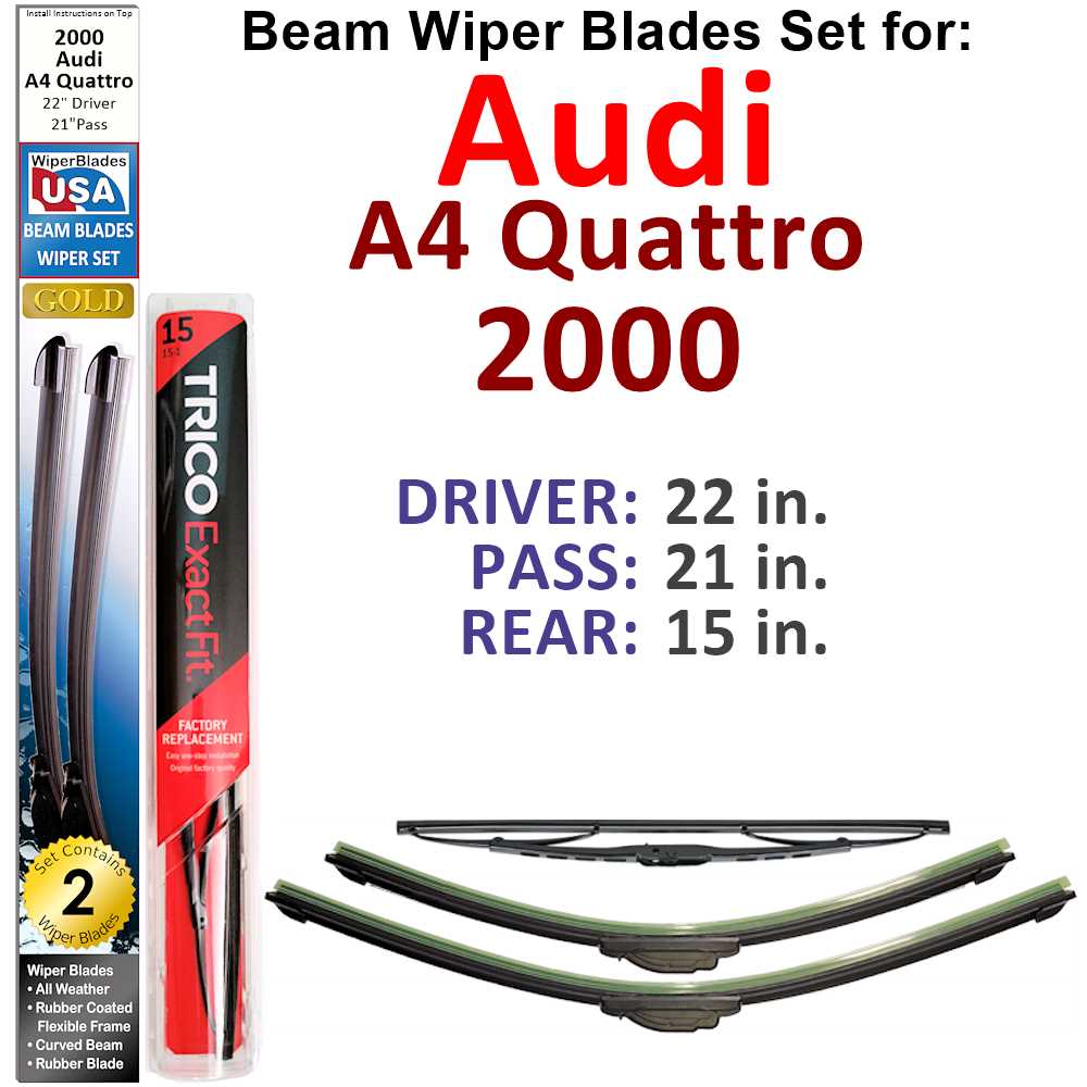 Set of 3 Beam Wiper Blades designed for 2000 Audi A4 Quattro, showcasing their flexible and sealed design for optimal performance.