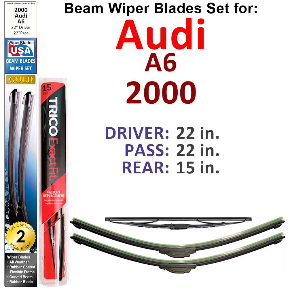 Set of 3 Beam Wiper Blades designed for 2000 Audi A6, showcasing their flexible and durable construction.