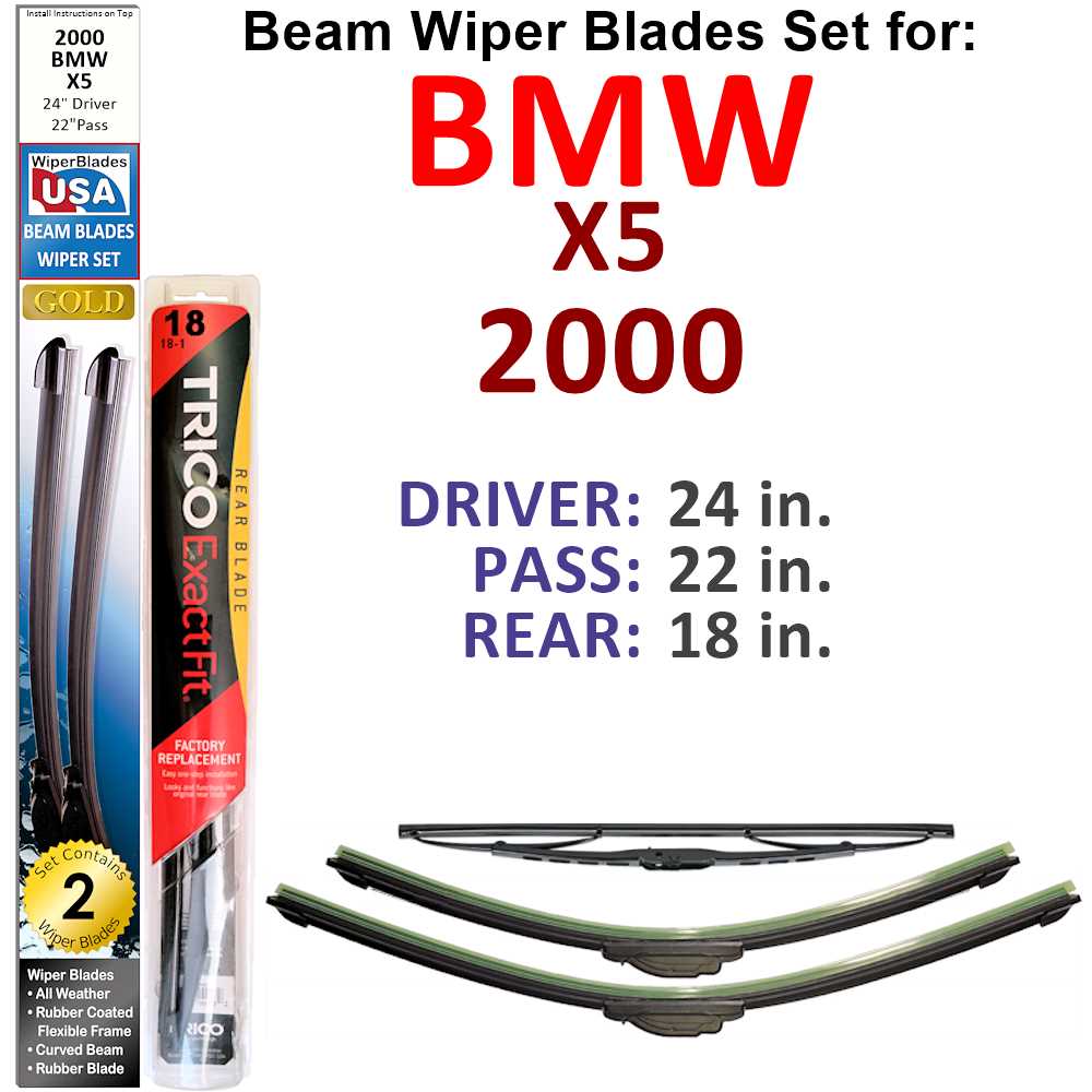 Set of 3 Beam Wiper Blades for 2000 BMW X5, showcasing their flexible design and rubber-encased metal spine.