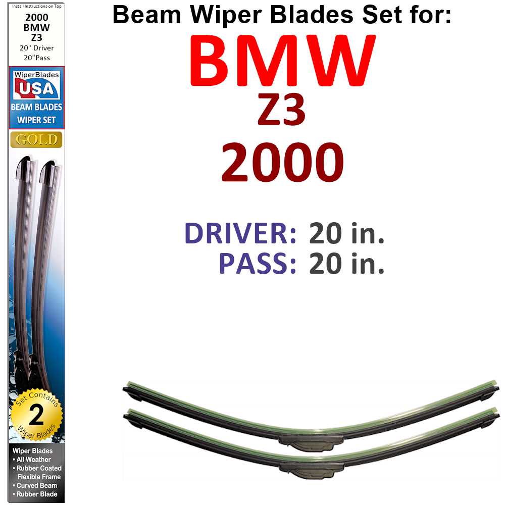 Set of 2 Beam Wiper Blades designed for 2000 BMW Z3, showcasing their flexible and durable construction.