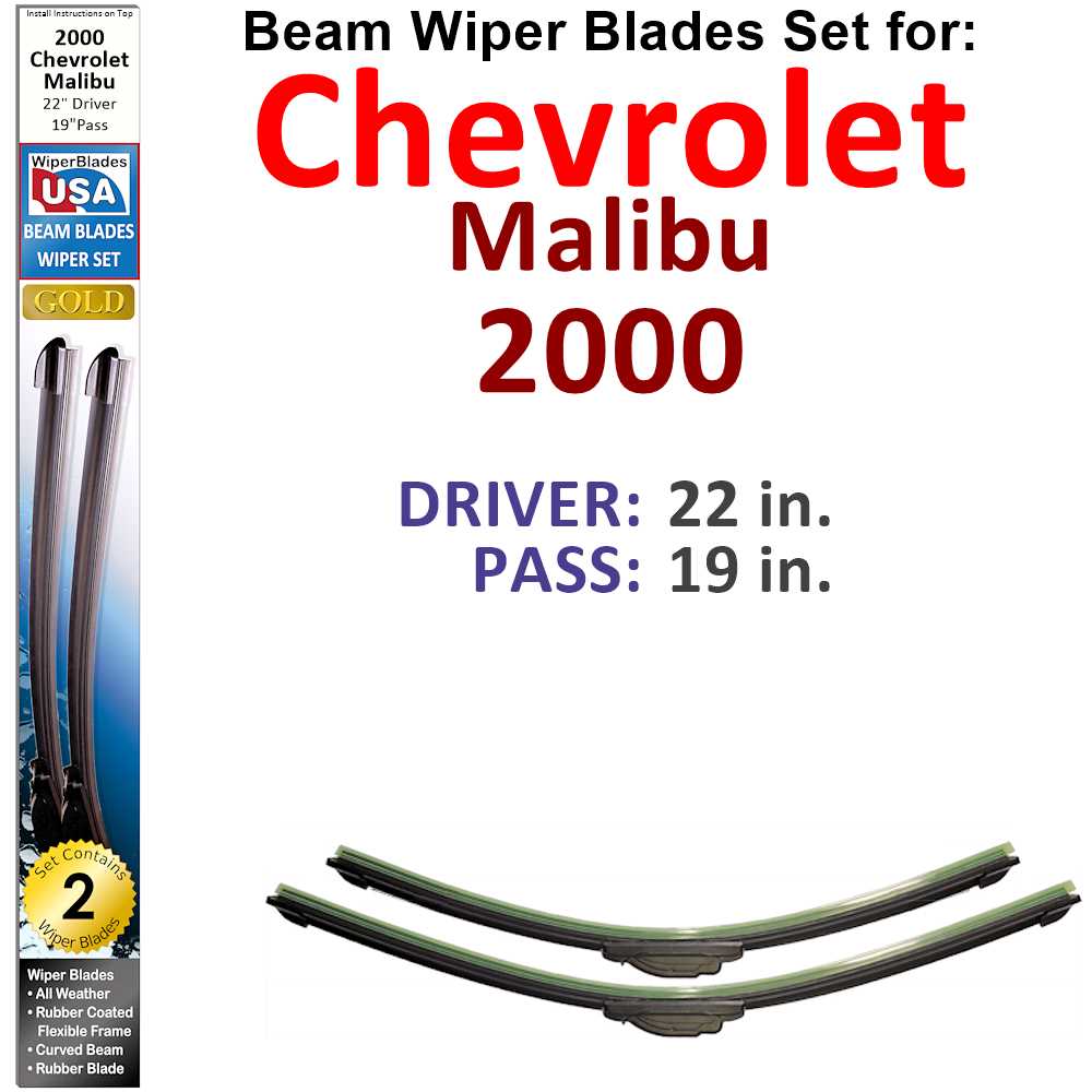 Set of 2 Beam Wiper Blades designed for 2000 Chevrolet Malibu, showcasing their flexible and sealed design for optimal performance.