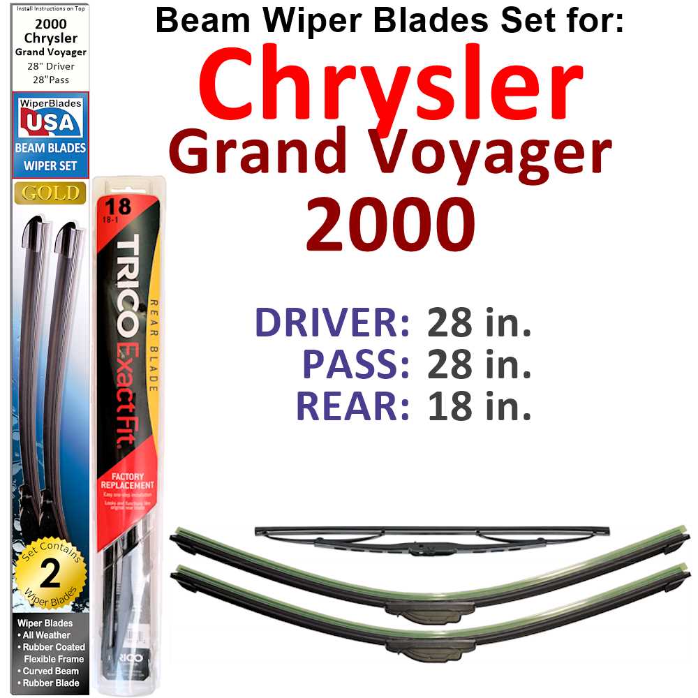 Set of 3 Beam Wiper Blades designed for 2000 Chrysler Grand Voyager, showcasing their flexible and durable construction.