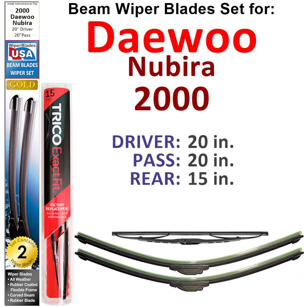 Set of 3 Beam Wiper Blades designed for 2000 Daewoo Nubira, showcasing their flexible and durable construction.