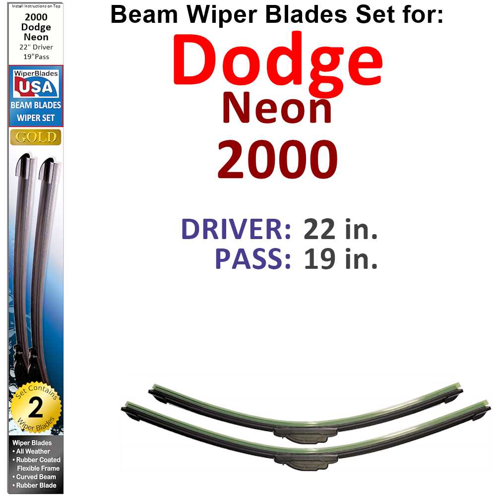 Set of 2 Beam Wiper Blades designed for 2000 Dodge Neon, showcasing their flexible and sealed construction for optimal performance.