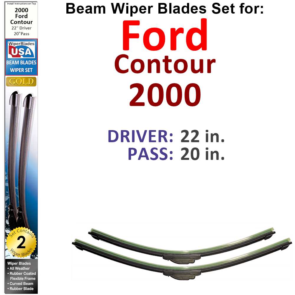 Set of two Beam Wiper Blades designed for 2000 Ford Contour, showcasing their flexible and low-profile design.