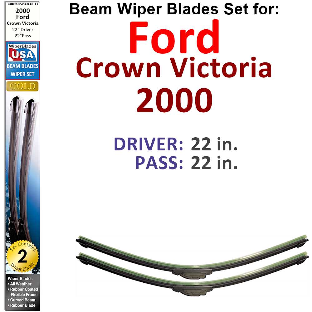 Set of 2 Beam Wiper Blades designed for 2000 Ford Crown Victoria, showcasing their flexible and durable construction.