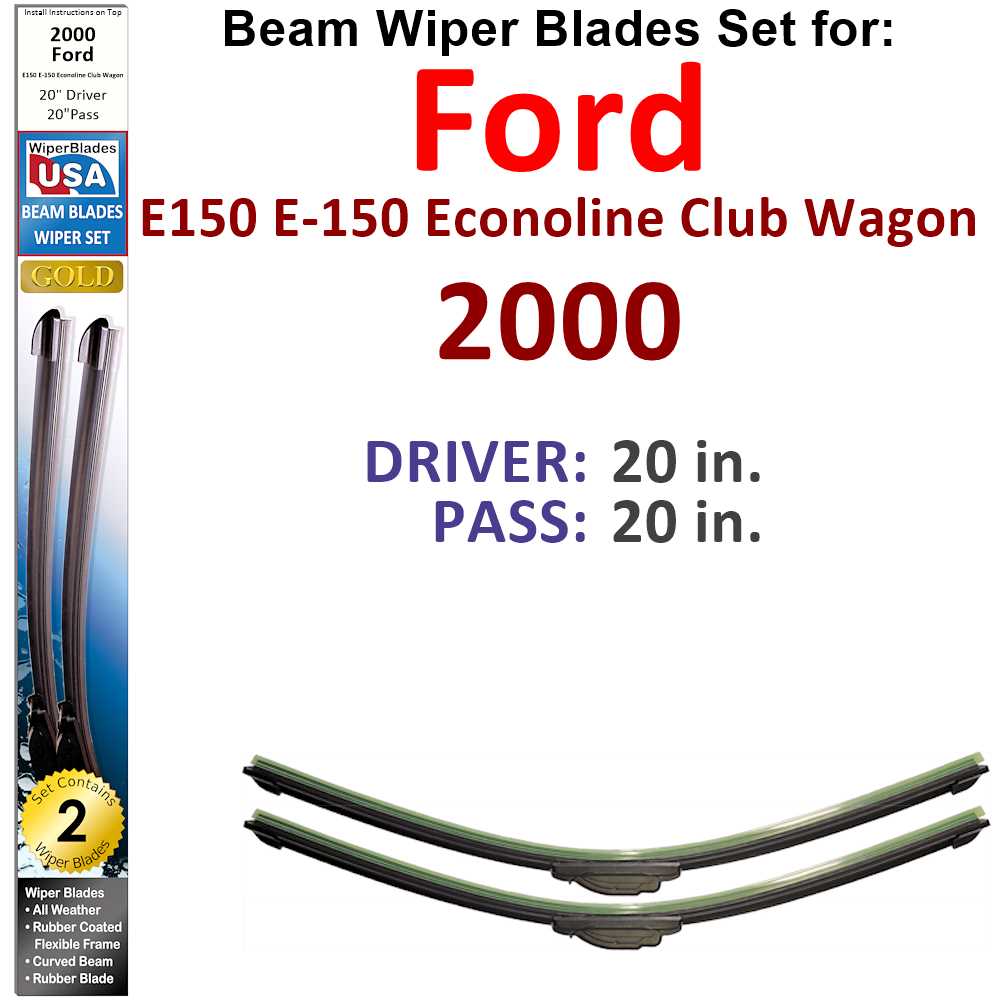 Set of two Beam Wiper Blades designed for 2000 Ford E150 E-150 Econoline Club Wagon, showcasing their flexible and sealed design.