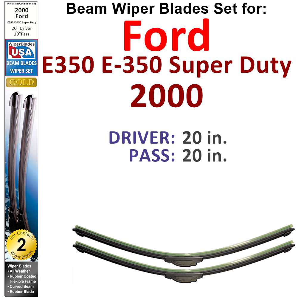 Set of 2 Beam Wiper Blades for 2000 Ford E350 E-350 Super Duty, showcasing their flexible design and rubber-encased metal spine.