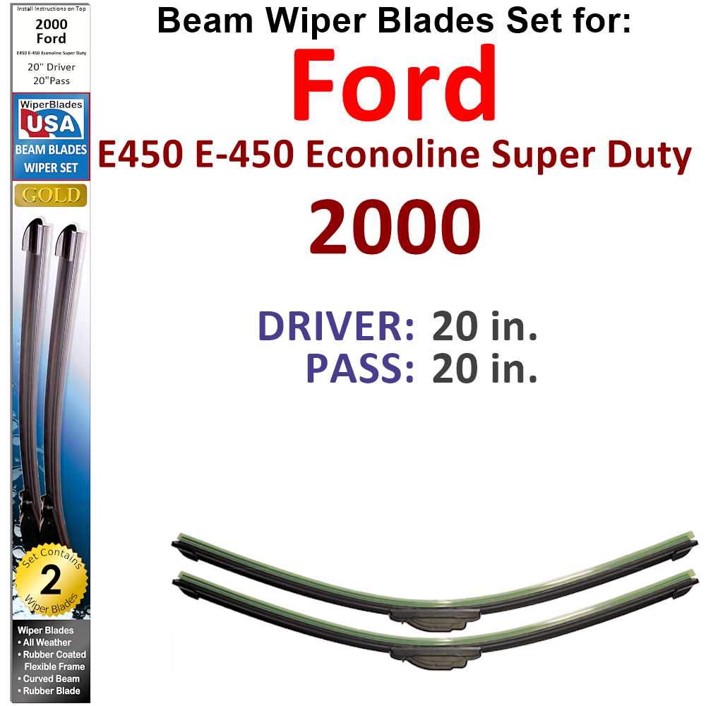 Set of Beam Wiper Blades for 2000 Ford E450, showcasing their flexible design and rubber-encased metal spine.