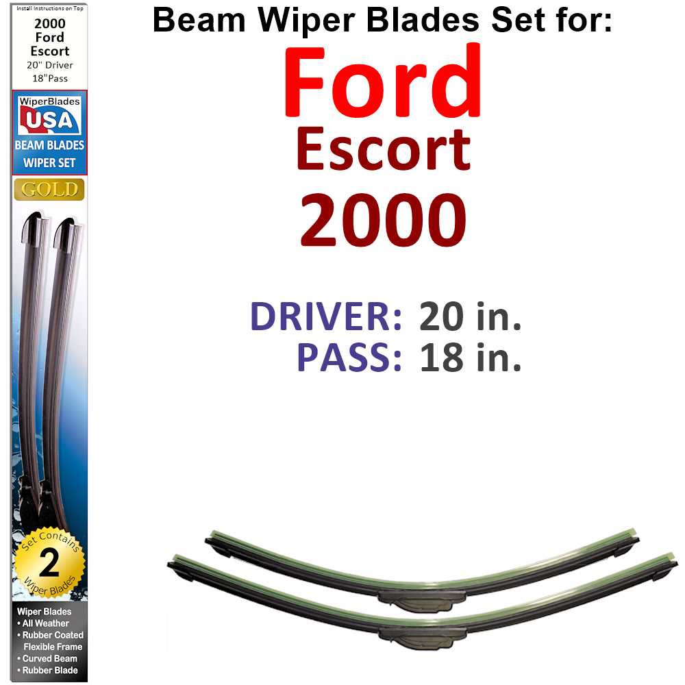 Set of 2 Beam Wiper Blades designed for 2000 Ford Escort, showcasing their flexible and durable construction.