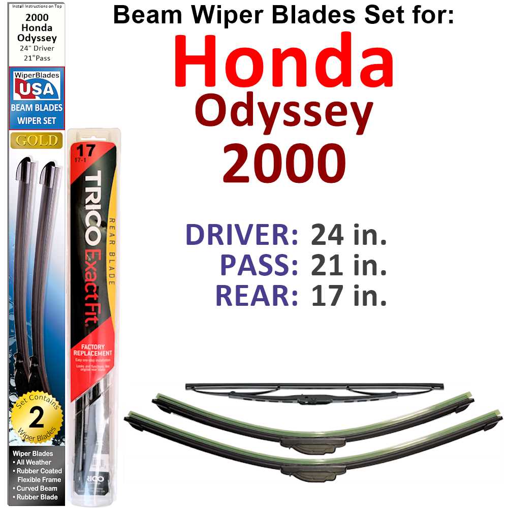 Set of 3 Beam Wiper Blades designed for 2000 Honda Odyssey, showcasing their flexible and durable construction.