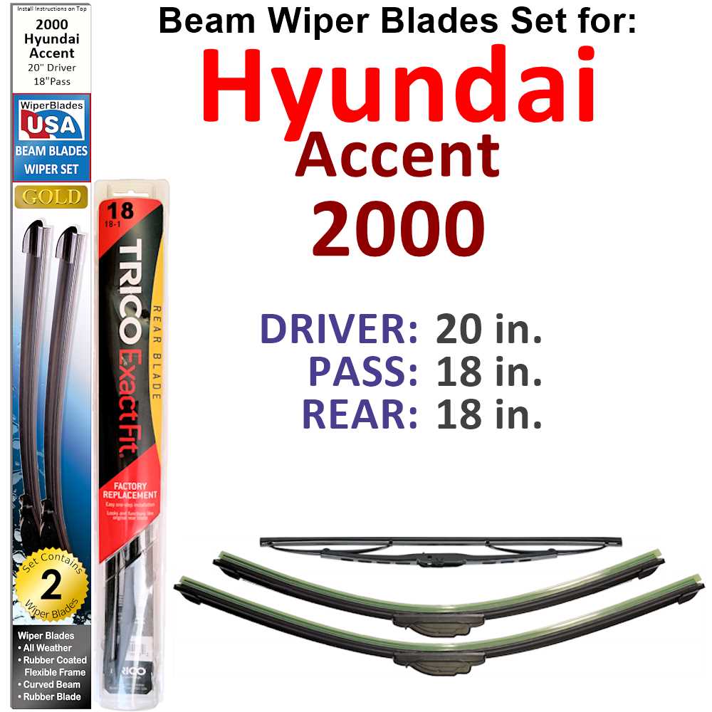 Set of 3 Beam Wiper Blades designed for 2000 Hyundai Accent, showcasing their flexible and durable construction.