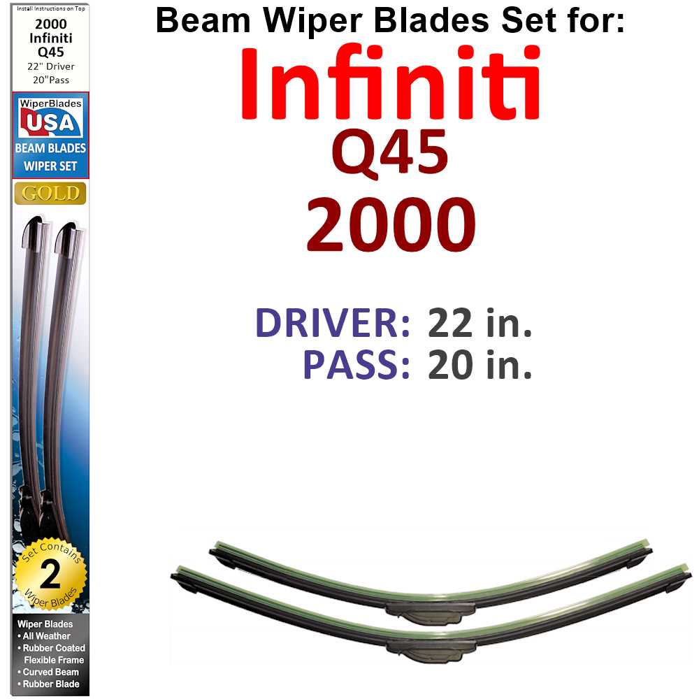 Set of 2 Beam Wiper Blades designed for 2000 Infiniti Q45, showcasing their flexible and durable construction.