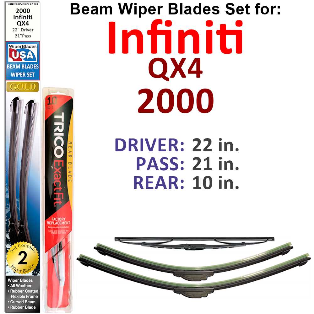 Set of 3 Beam Wiper Blades designed for 2000 Infiniti QX4, showcasing their flexible and durable construction.