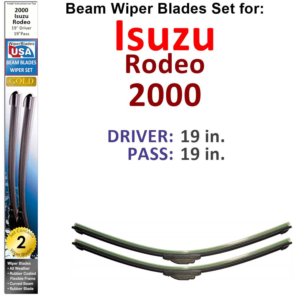 Set of 2 Beam Wiper Blades designed for 2000 Isuzu Rodeo, showcasing their flexible and durable construction.