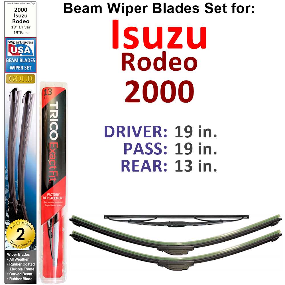 Set of 3 Beam Wiper Blades designed for 2000 Isuzu Rodeo, showcasing their flexible and durable construction.