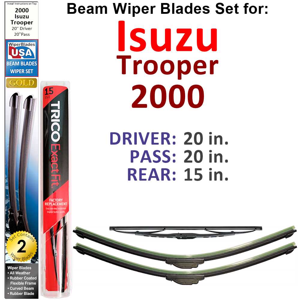 Set of 3 Beam Wiper Blades designed for 2000 Isuzu Trooper, showcasing their flexible and durable construction.