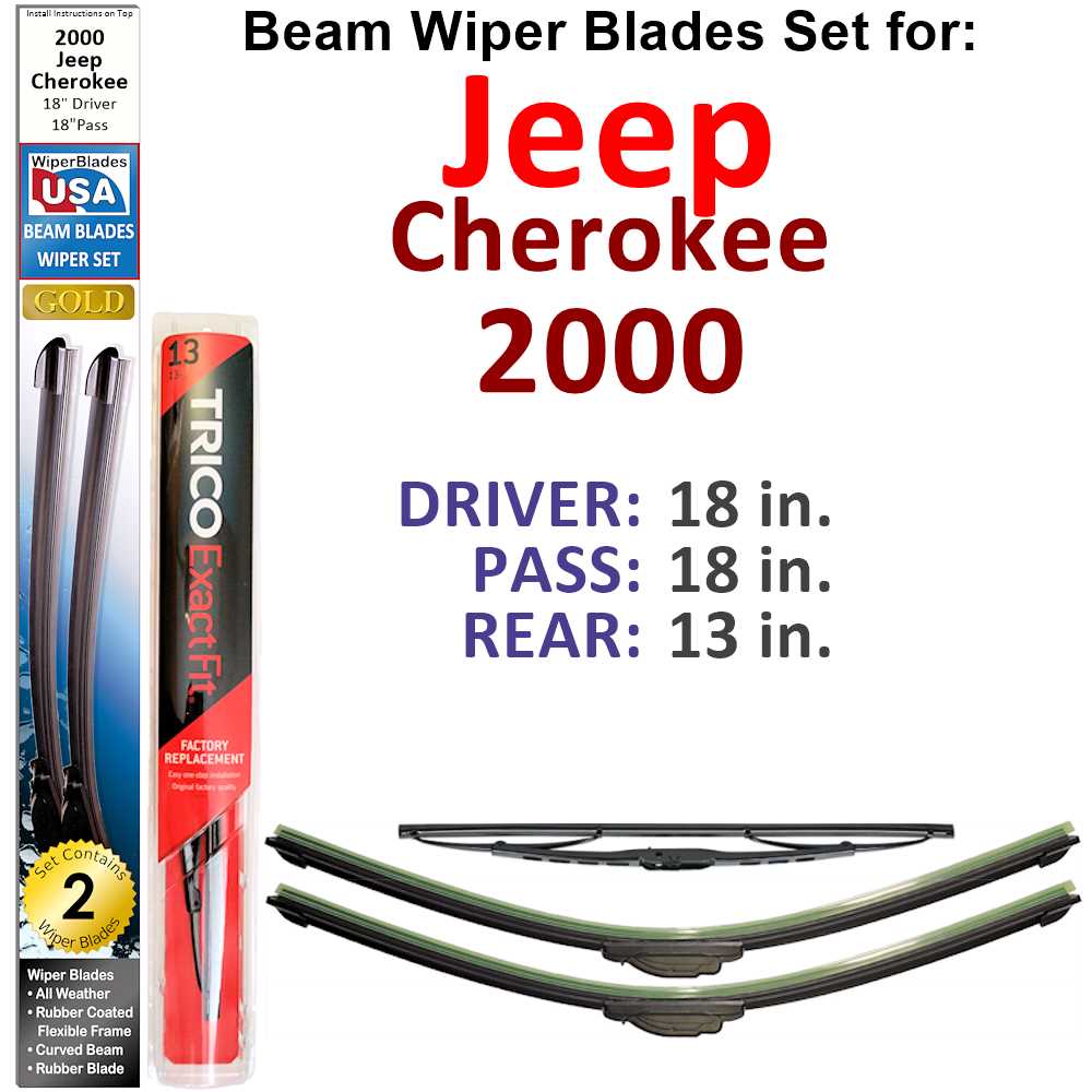 Set of 3 Beam Wiper Blades designed for 2000 Jeep Cherokee, showcasing their flexible and low-profile design.