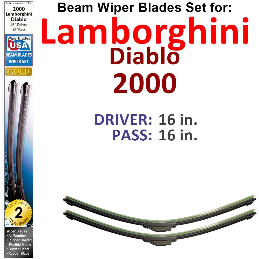 Set of two Beam Wiper Blades designed for 2000 Lamborghini Diablo, showcasing their sleek design and durable construction.