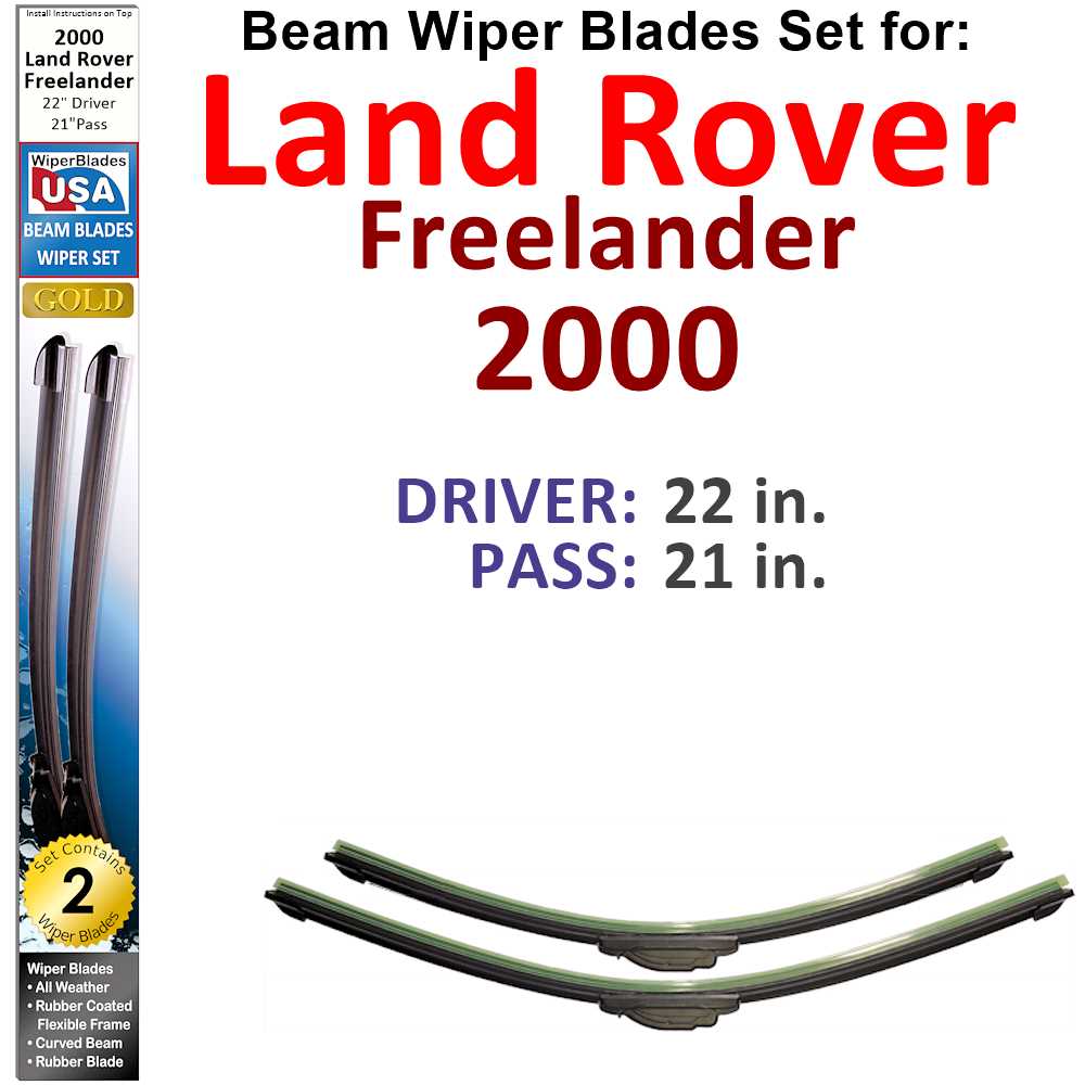 Set of two Beam Wiper Blades designed for 2000 Land Rover Freelander, showcasing their flexible and durable construction.