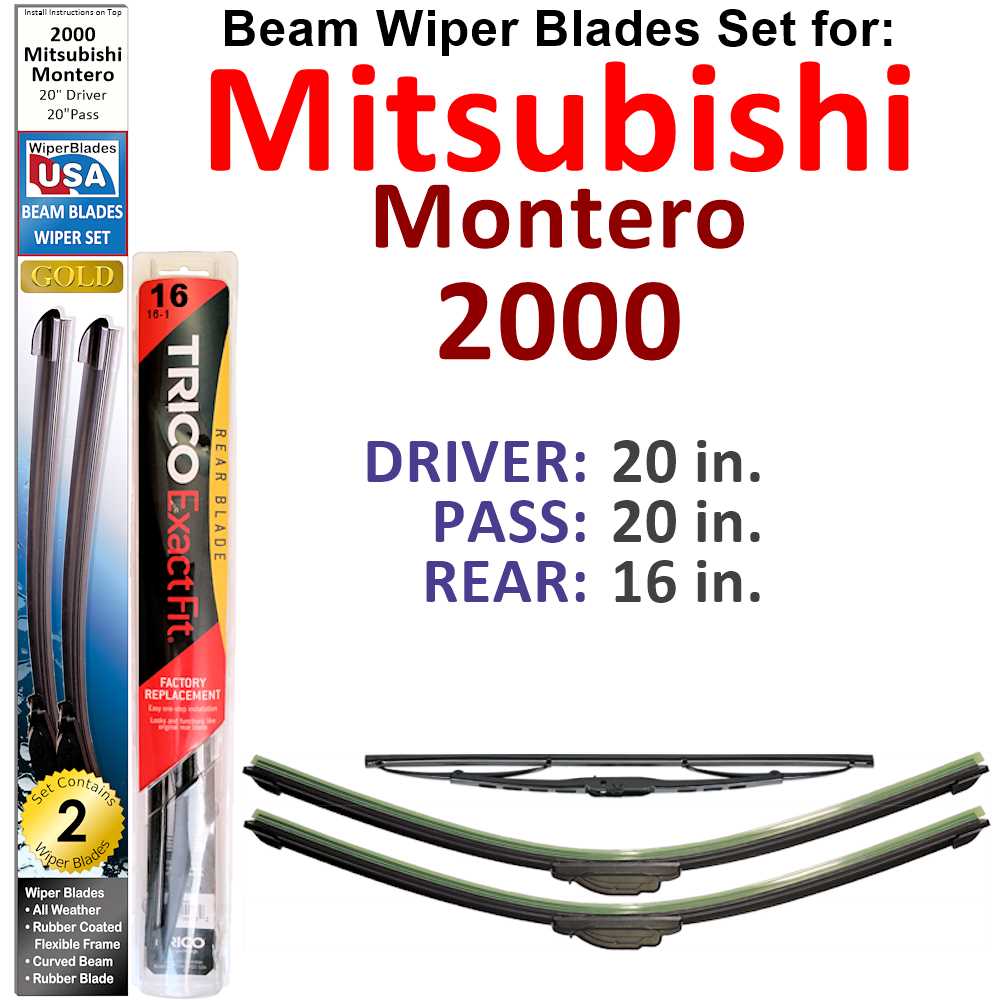 Set of 3 Beam Wiper Blades designed for 2000 Mitsubishi Montero, showcasing their flexible and durable construction.