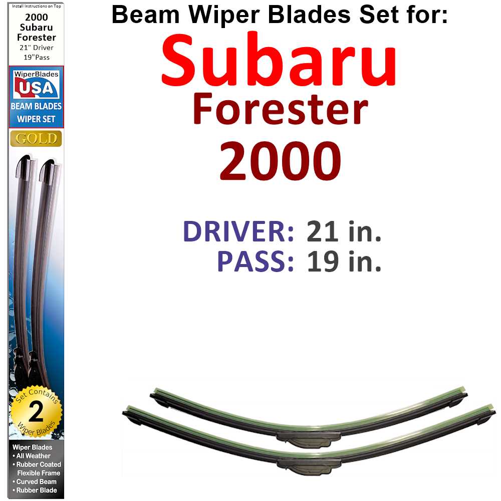 Set of 2 Beam Wiper Blades designed for 2000 Subaru Forester, showcasing their flexible and durable construction.