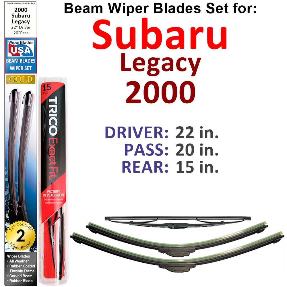 Set of 3 Beam Wiper Blades designed for 2000 Subaru Legacy, showcasing their flexible and durable construction.