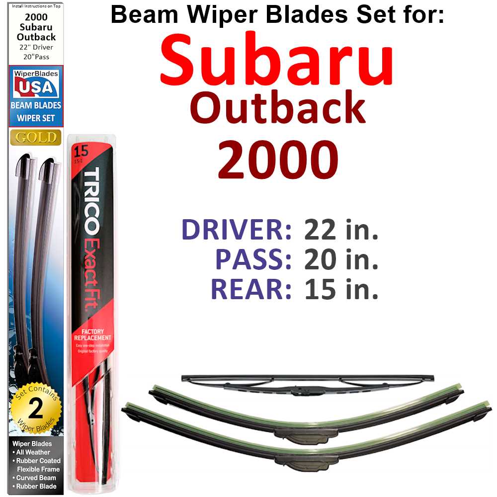 Set of 3 Beam Wiper Blades designed for 2000 Subaru Outback, showcasing their flexible and durable construction.