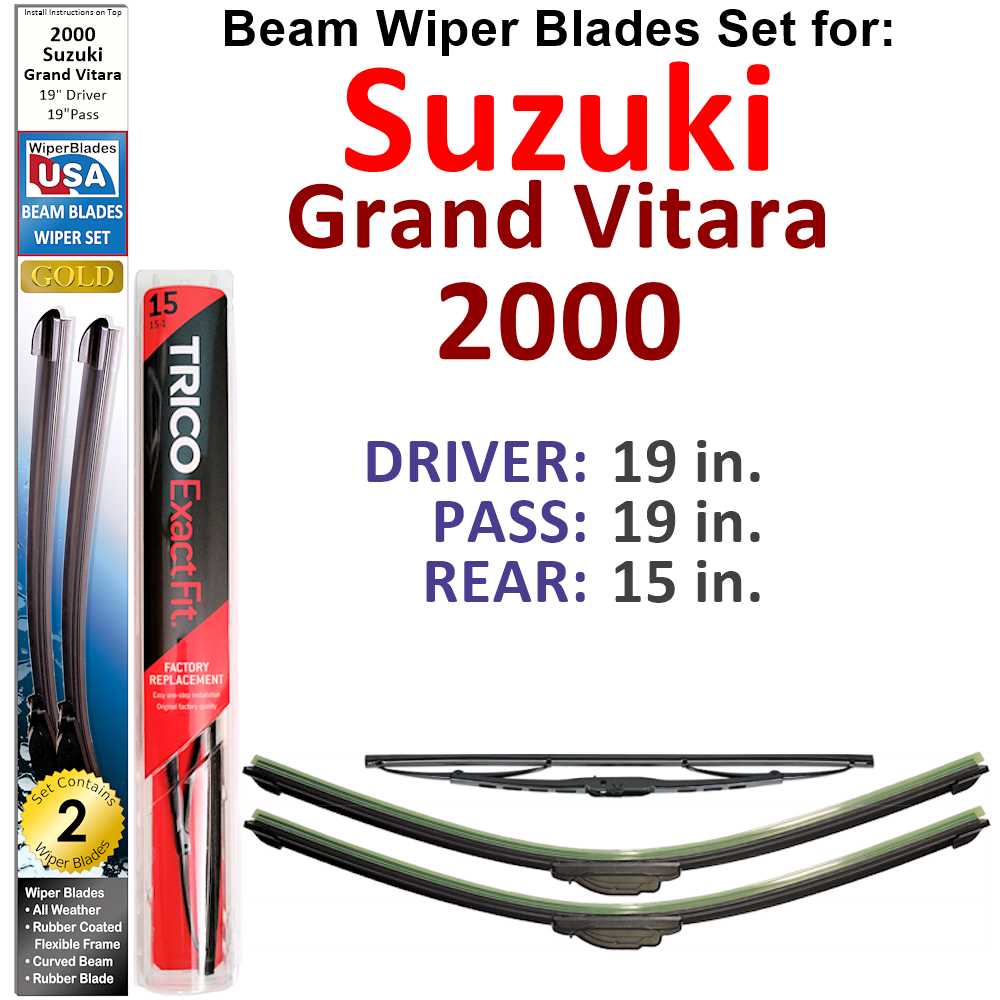 Set of 3 Beam Wiper Blades designed for 2000 Suzuki Grand Vitara, showcasing their flexible and durable design.