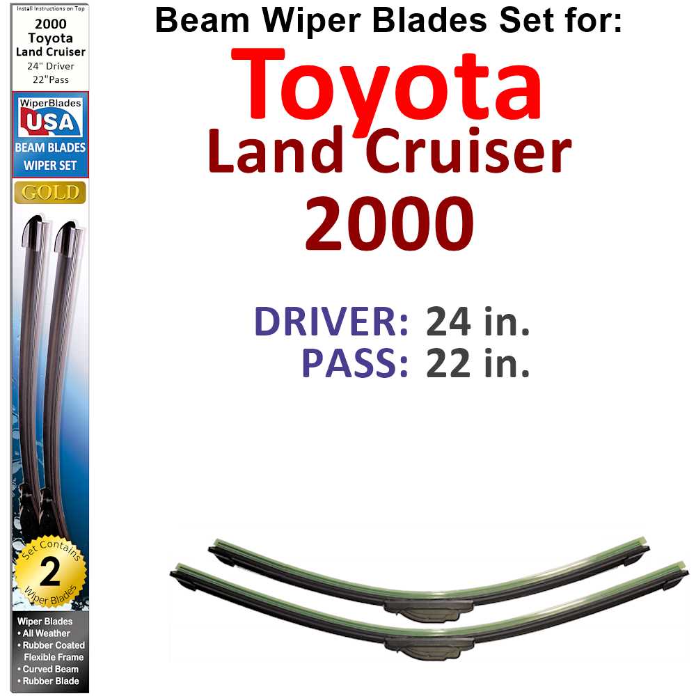 Set of 2 Beam Wiper Blades designed for 2000 Toyota Land Cruiser, showcasing their flexible and durable construction.