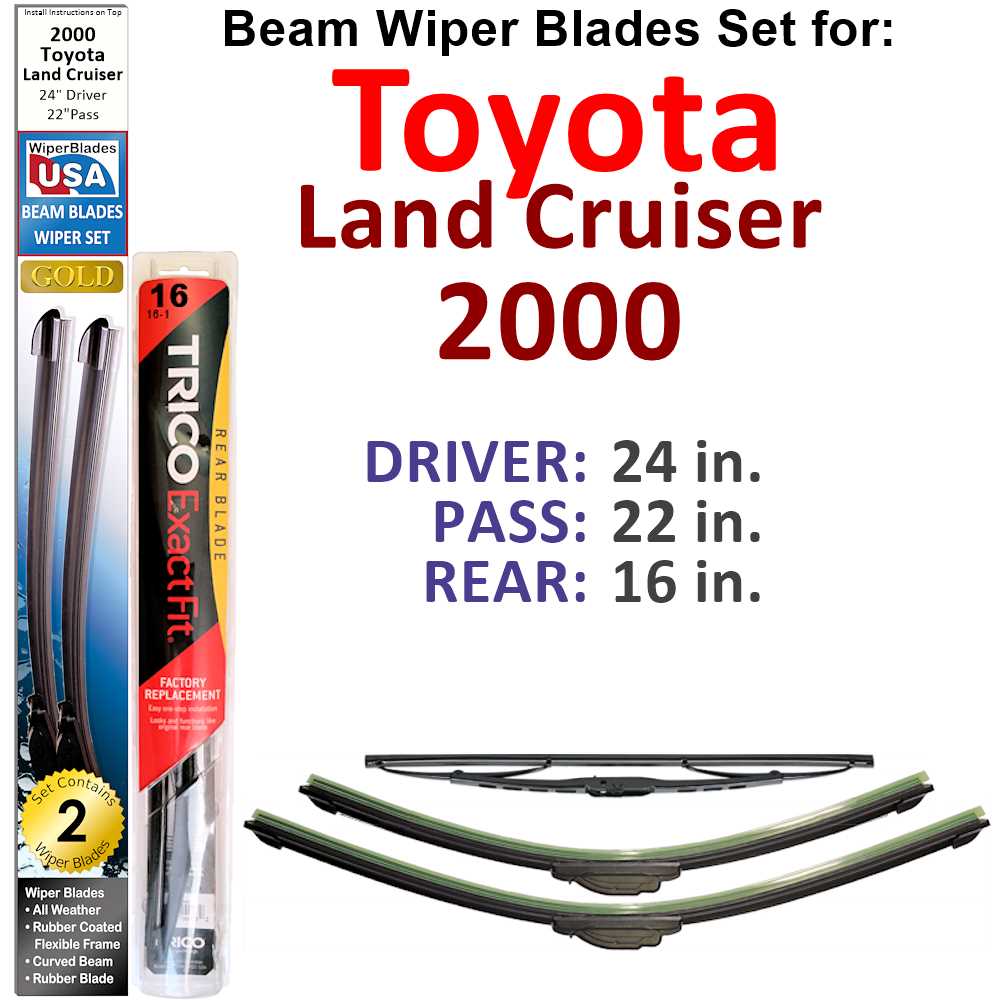 Set of 3 Beam Wiper Blades designed for 2000 Toyota Land Cruiser, showcasing their flexible and durable construction.