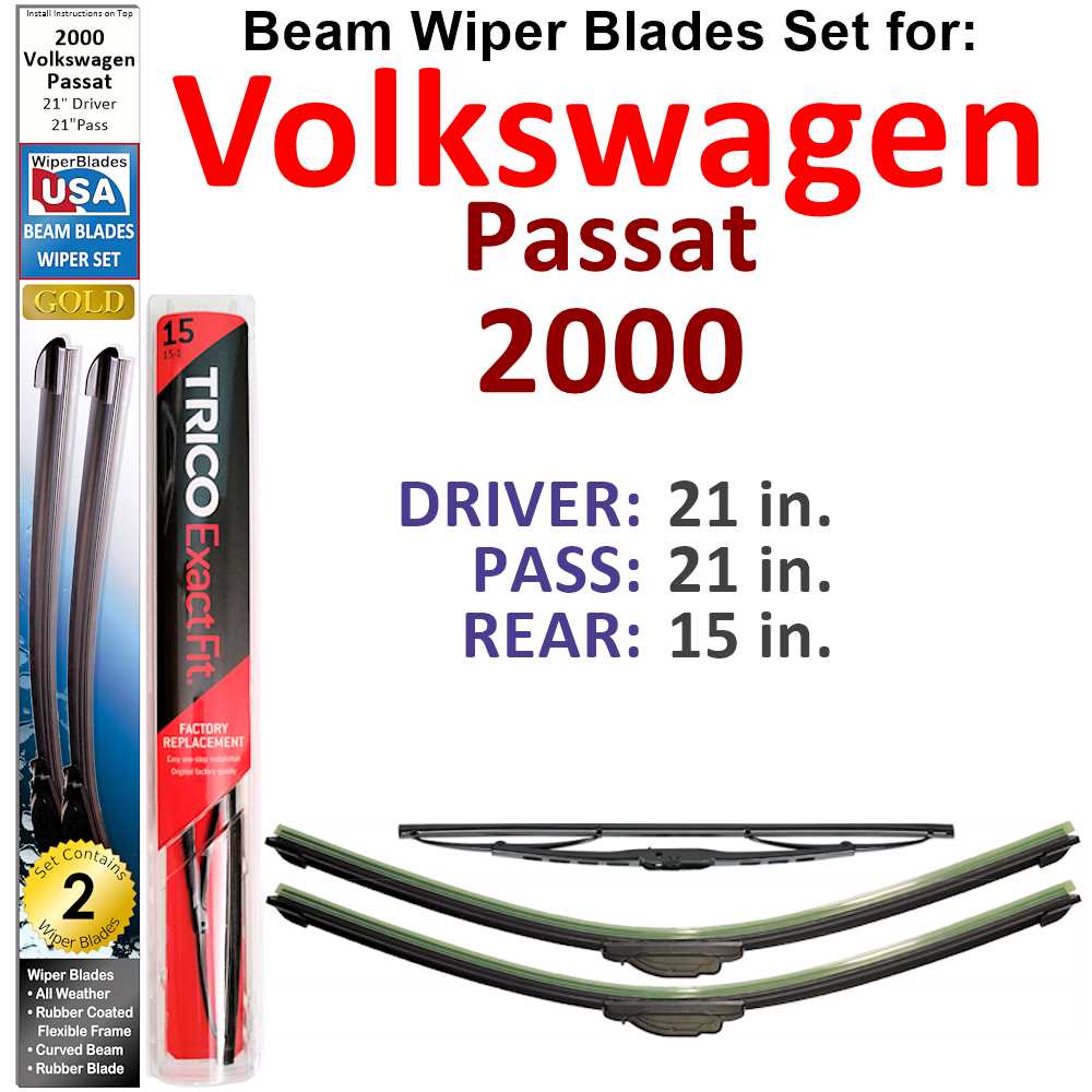 Set of 3 Beam Wiper Blades designed for 2000 Volkswagen Passat, showcasing their flexible and durable design.