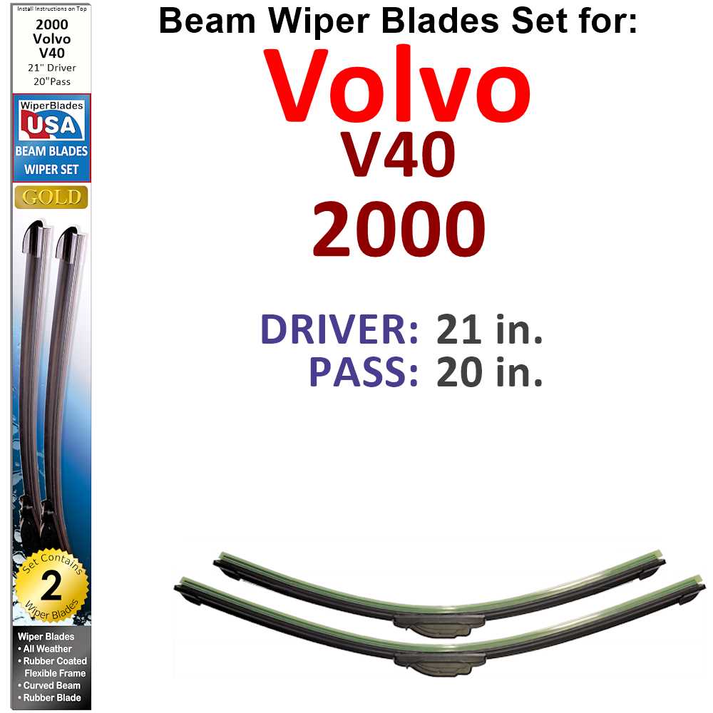 Set of 2 Beam Wiper Blades designed for 2000 Volvo V40, showcasing their flexible and durable construction.