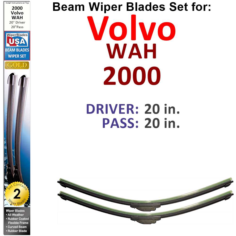 Set of 2 Beam Wiper Blades designed for 2000 Volvo WAH, showcasing their flexible and durable construction.