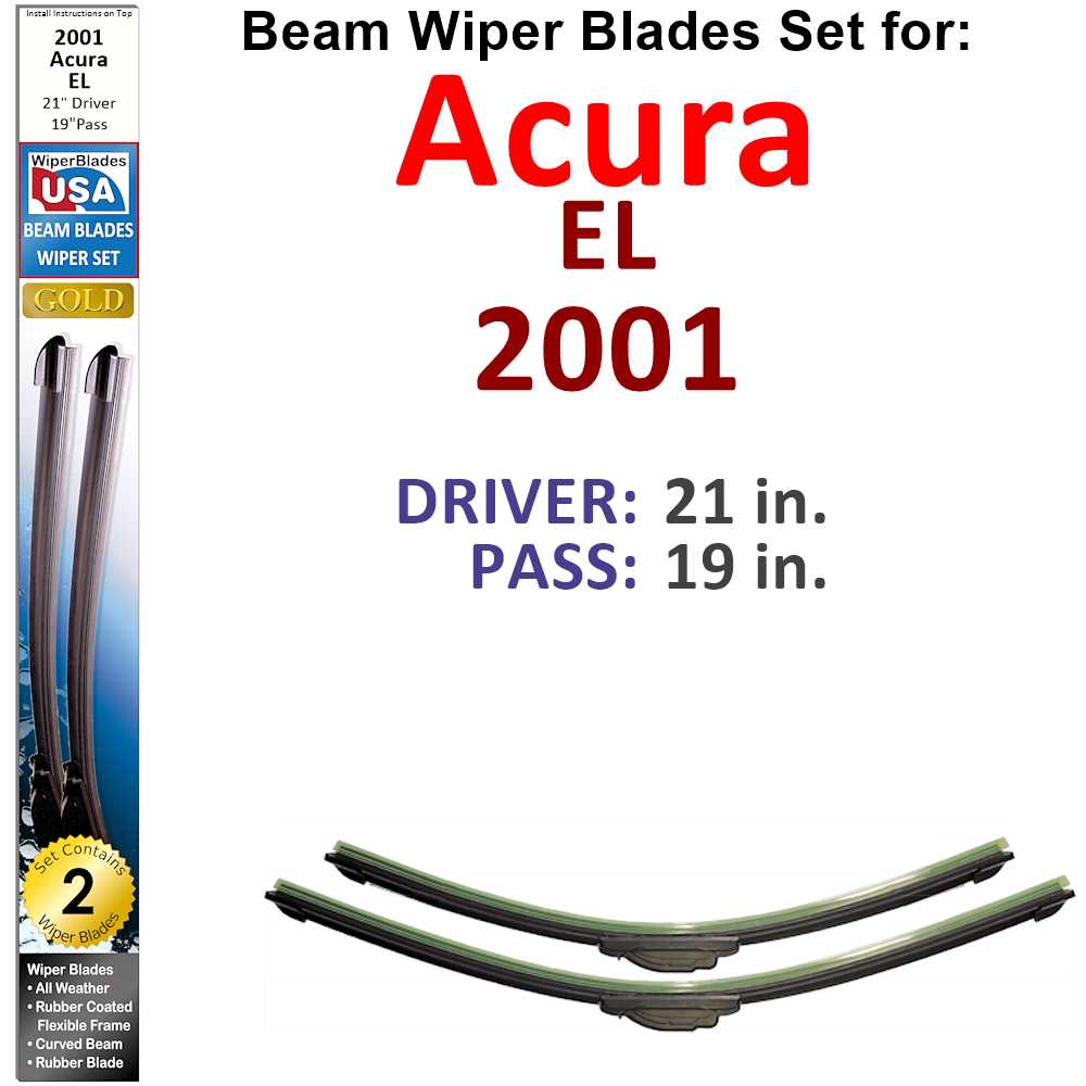 Set of two Beam Wiper Blades designed for 2001 Acura EL, featuring a low-profile and flexible design for optimal windshield contact.