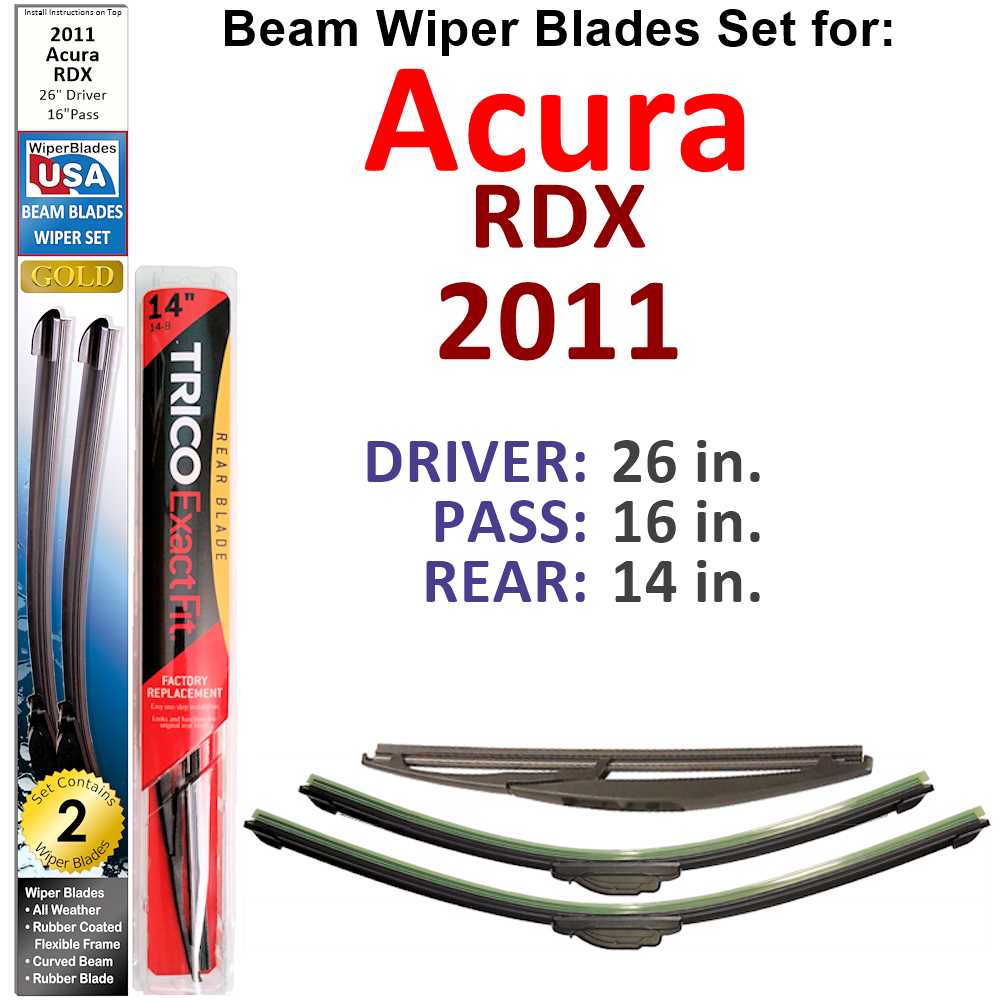 Set of 3 Beam Wiper Blades designed for 2011 Acura RDX, showcasing their flexible and durable construction.