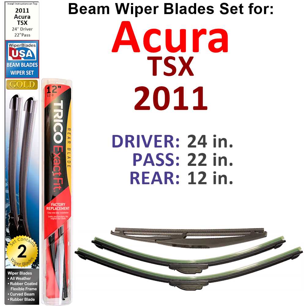 Set of 3 Beam Wiper Blades designed for 2011 Acura TSX, showcasing their flexible and durable construction.