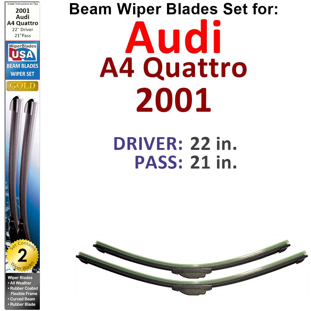 Set of 2 Beam Wiper Blades designed for 2001 Audi A4 Quattro, showcasing their flexible and durable construction.