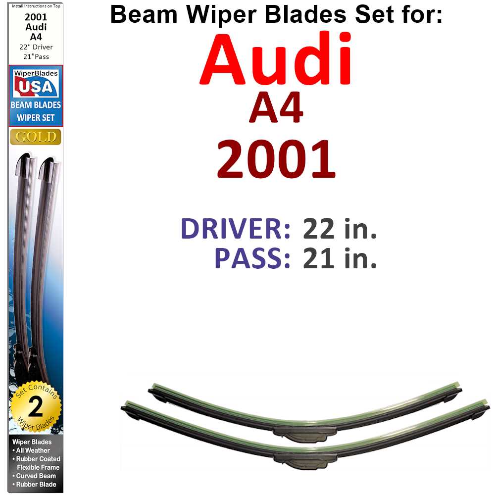 Set of two Beam Wiper Blades designed for 2001 Audi A4, showcasing their flexible and durable construction.