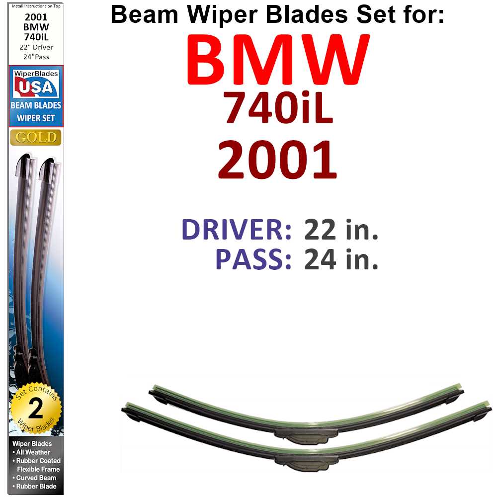 Set of two Beam Wiper Blades designed for 2001 BMW 740iL, showcasing their flexible and sealed construction for optimal performance.