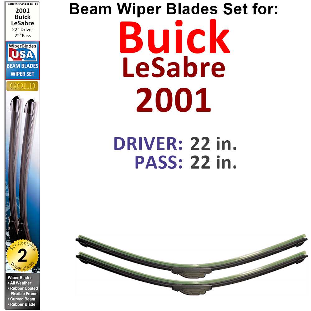 Set of 2 Beam Wiper Blades designed for 2001 Buick LeSabre, showcasing their flexible and durable construction.