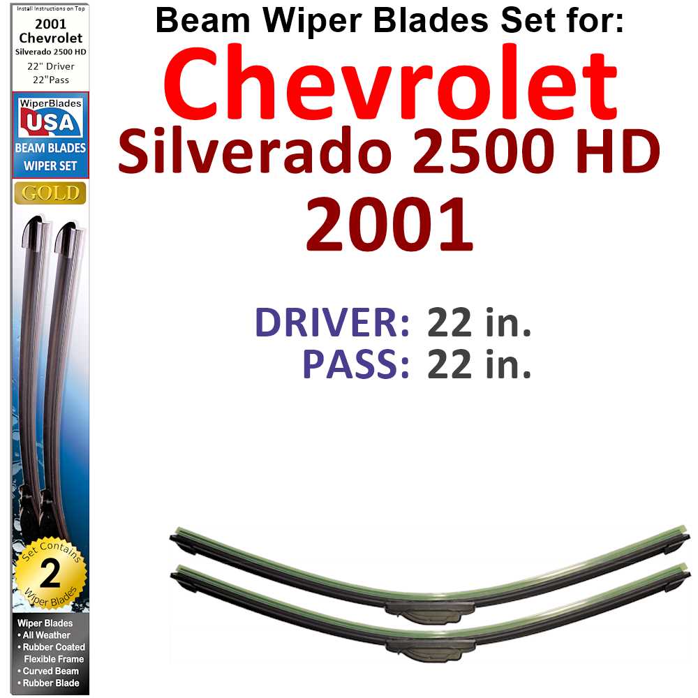 Set of two Beam Wiper Blades designed for 2001 Chevrolet Silverado 2500 HD, showcasing their flexible and durable design.