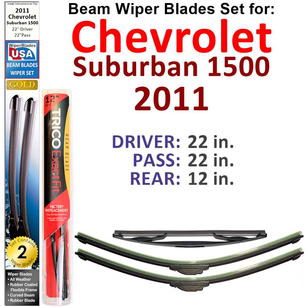 Set of 3 Beam Wiper Blades designed for 2011 Chevrolet Suburban 1500, showcasing their flexible and durable design.