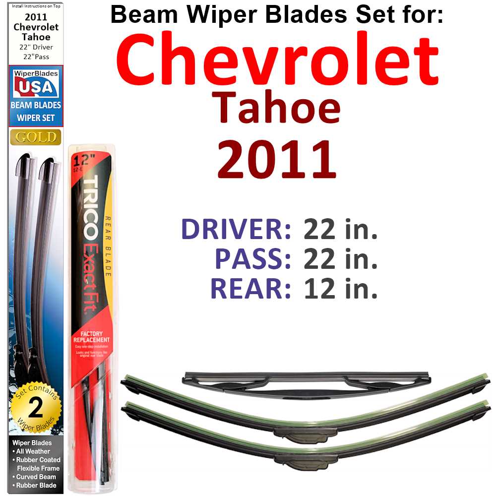 Set of 3 Beam Wiper Blades designed for 2011 Chevrolet Tahoe, showcasing their flexible and sealed construction for optimal performance.