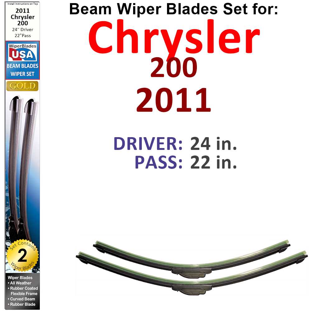 Set of Beam Wiper Blades for 2011 Chrysler 200, showcasing flexible design and durable construction.