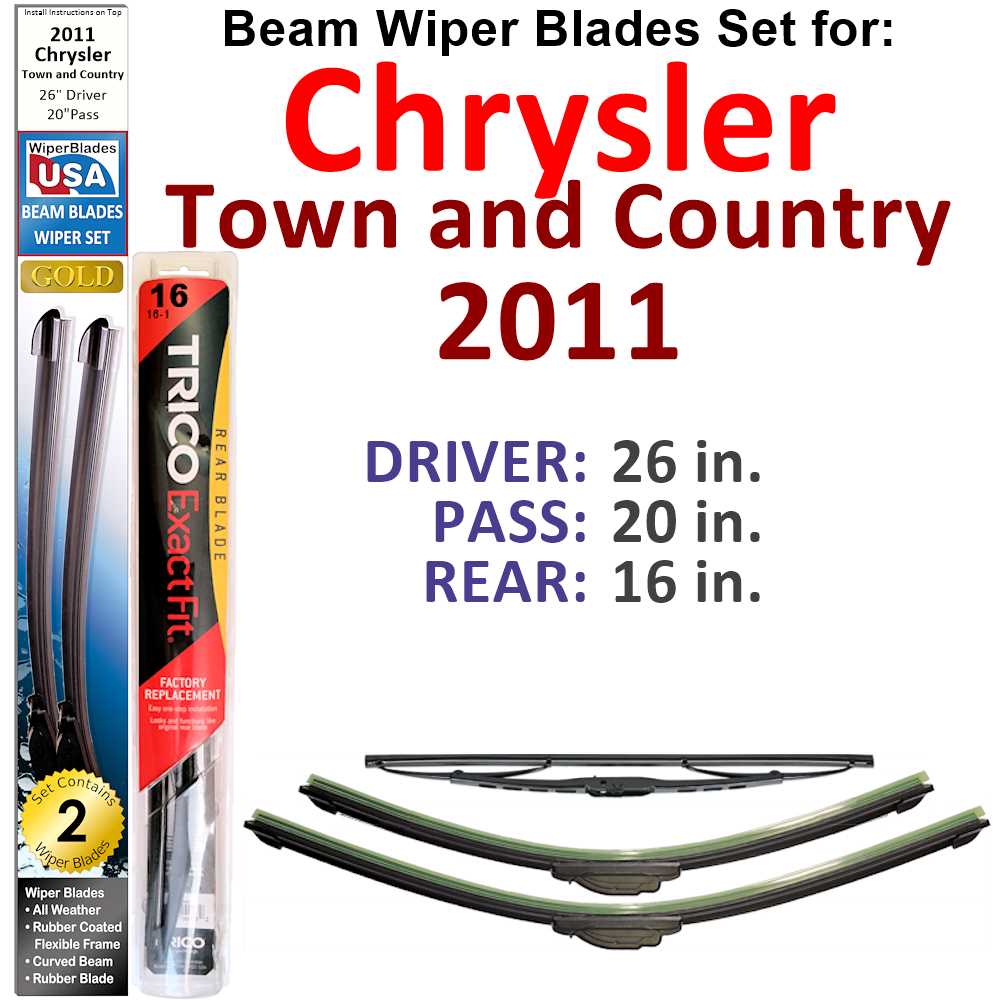 Set of 3 Beam Wiper Blades designed for 2011 Chrysler Town and Country, showcasing their flexible and durable design.